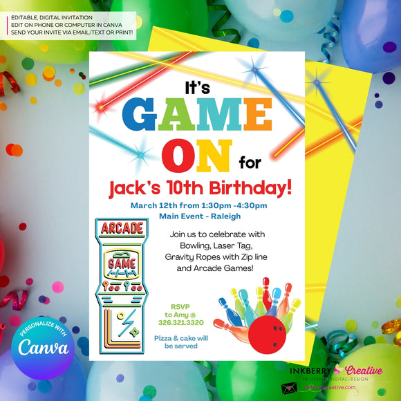 Game On - Arcade Games, Pizza Birthday Party Invitation - Boys Arcade Game Pizza Party - Printable, Digital File, Edit in Canva