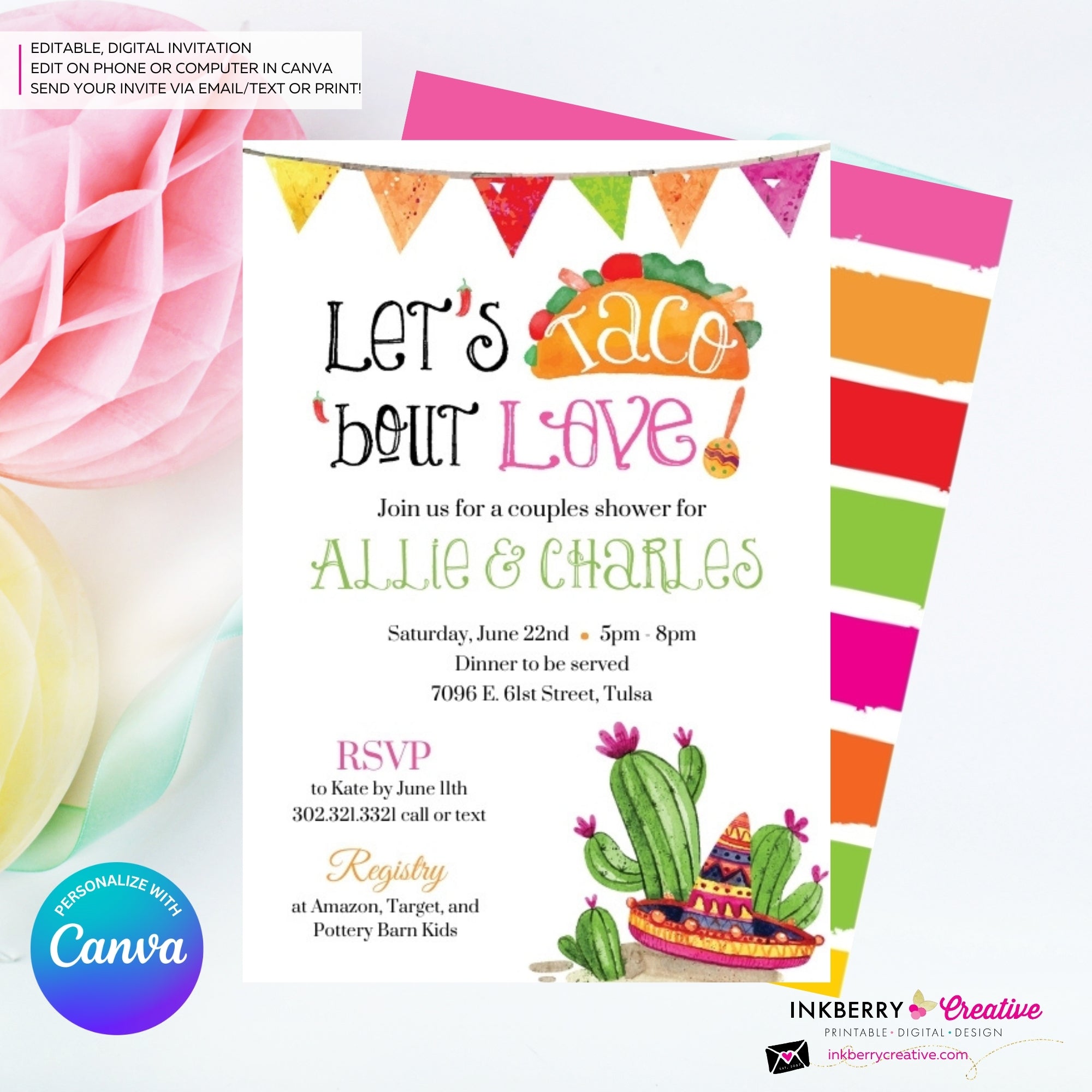 Taco 'bout Love - Couples, Coed, Taco, Mexican Theme Bridal Shower Invitation, Digital File, Edit in Canva