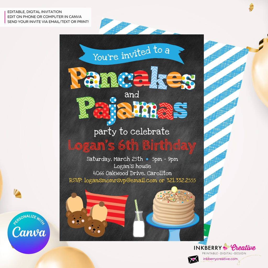 Pancakes and Pajamas Party Invitation - Boys - (Chalkboard Style) - Boys Pancakes Pajama Birthday Party Invite - Printable, Instant Download, Edit in Canva