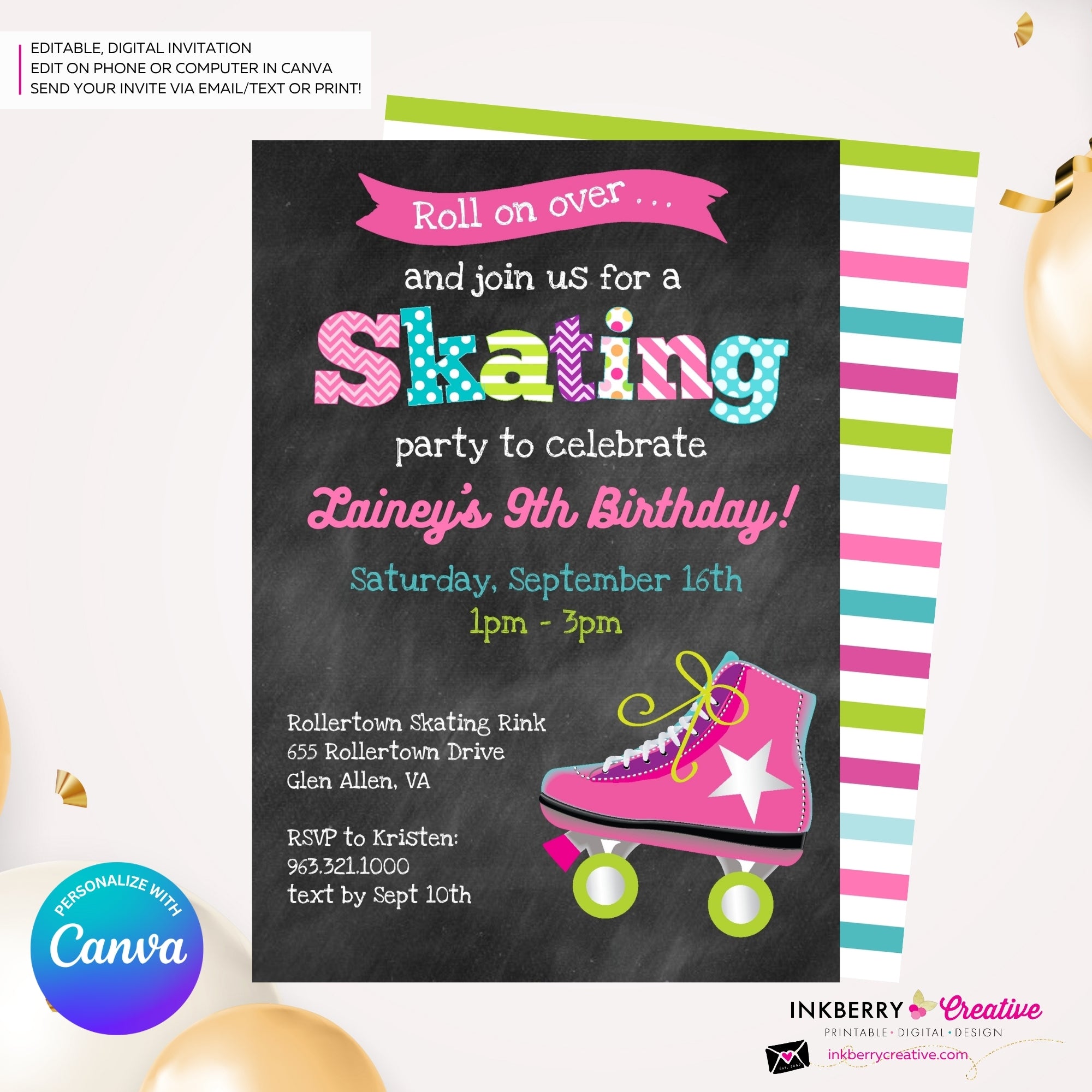Editable Roller Skating Birthday Party Invitation - Girls Roller Skate Party Invite, Chalkboard, Roller Skating Rink Invite, Edit in Canva