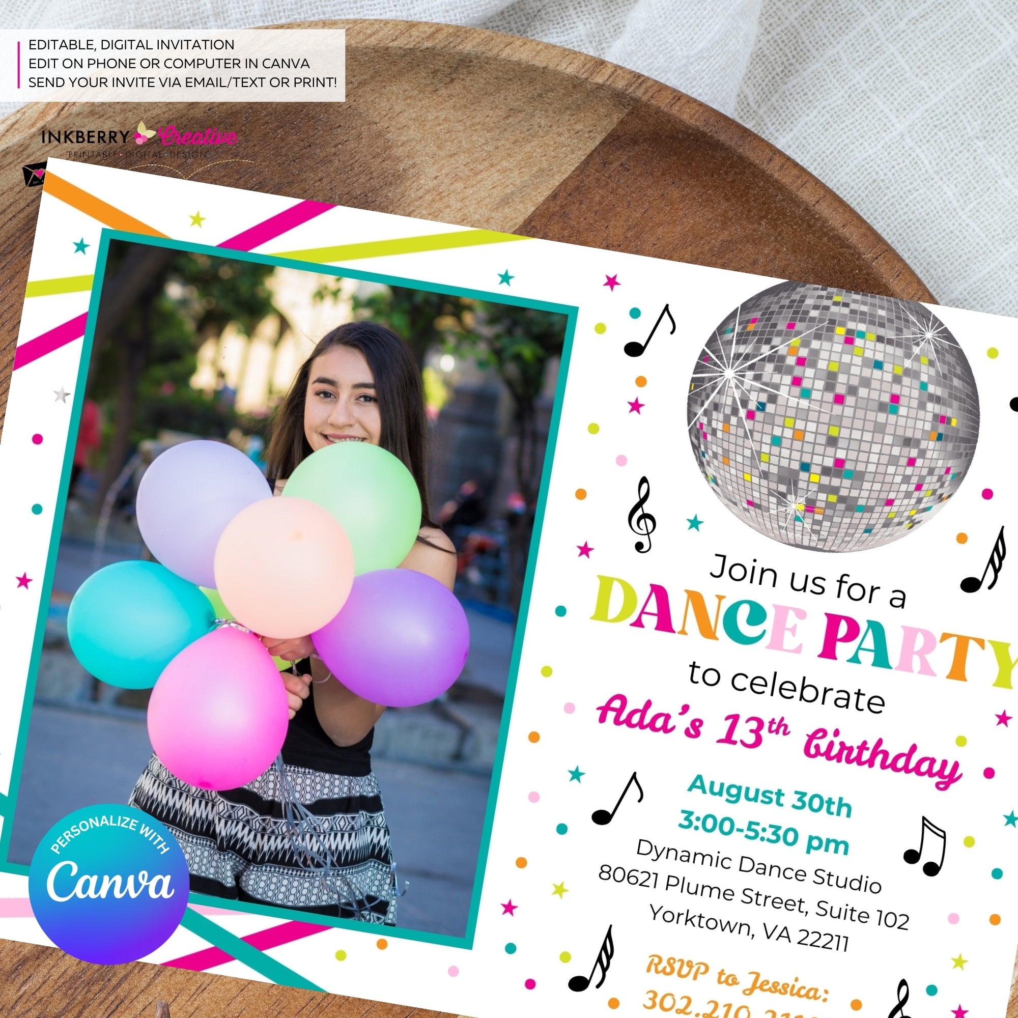 Neon Dance Party Birthday Party Photo Invitation, Digital, Printable File, Edit in Canva