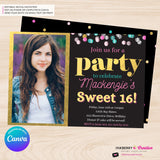 Confetti Pop Photo Party Invitation - Any Age, Any Occasion, Gold, Aqua, Pink Confetti, Birthday Photo invite, Sweet 16, Edit in Canva