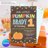 Pumpkin First Birthday (Boys) Woodgrain, Confetti Party Invitation - Printable, Edit in Canva