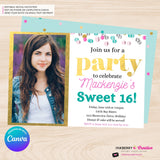 Confetti Pop Photo Party Invitation (White) - Any Age, Any Occasion, Gold, Aqua, Pink Confetti, Birthday Photo invite, Sweet 16, Edit in Canva