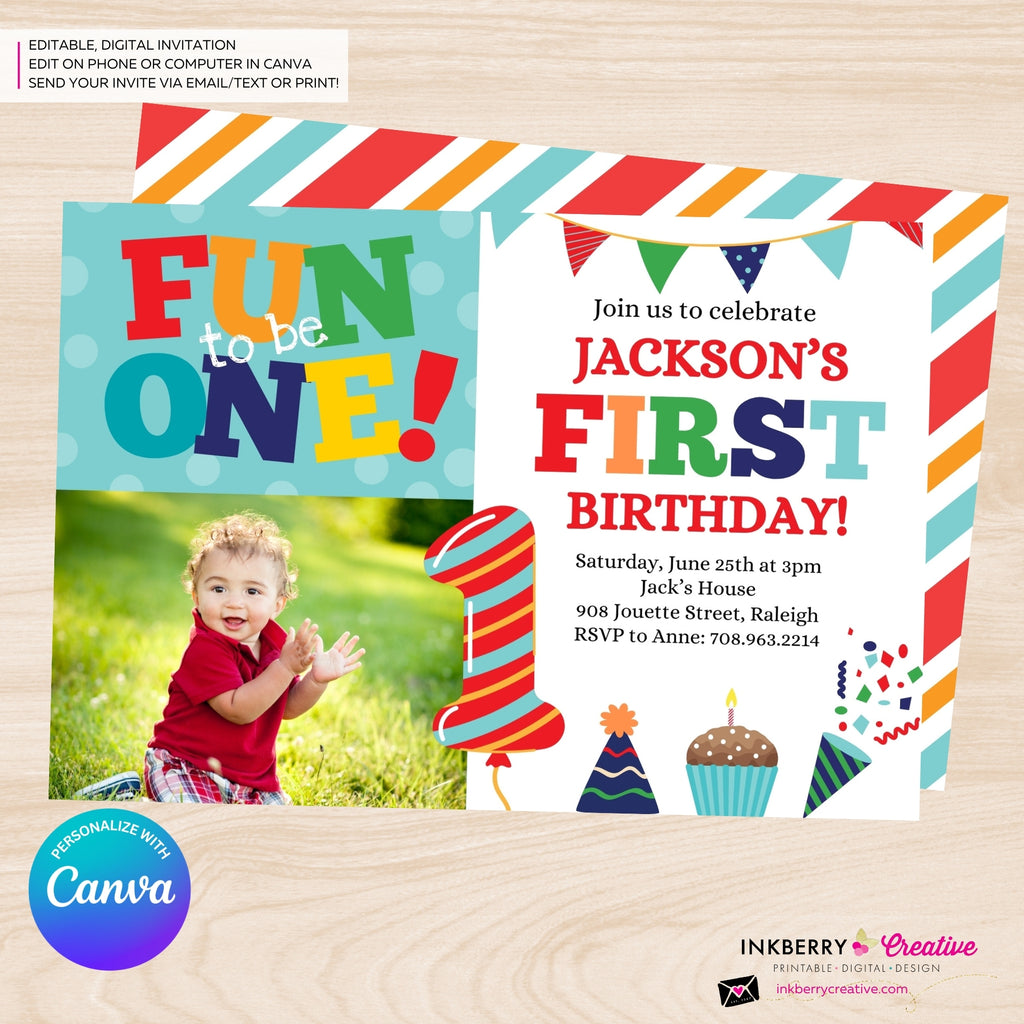 Fun to be One 1st Birthday Invite, Colorful Boys First Birthday Photo Invitation, Primary Colors, Printable, Digital Download, Edit in Canva