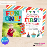 Fun to be One 1st Birthday Invite, Colorful Boys First Birthday Photo Invitation, Primary Colors, Printable, Digital Download, Edit in Canva