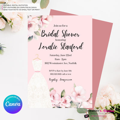 Pink Rose Wedding Dress Bridal Shower Invitation - Digital, Printable, Edit in Canva