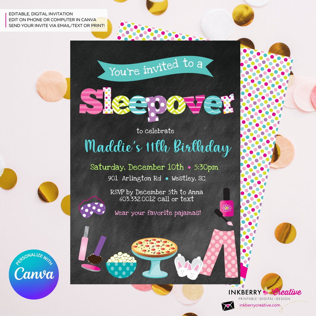 Sleepover Slumber Birthday Party Invitation (Chalkboard Style) - Kids Pizza Pajama Slumber Sleepover Birthday Party Invite - Printable, Instant Download, Edit in Canva