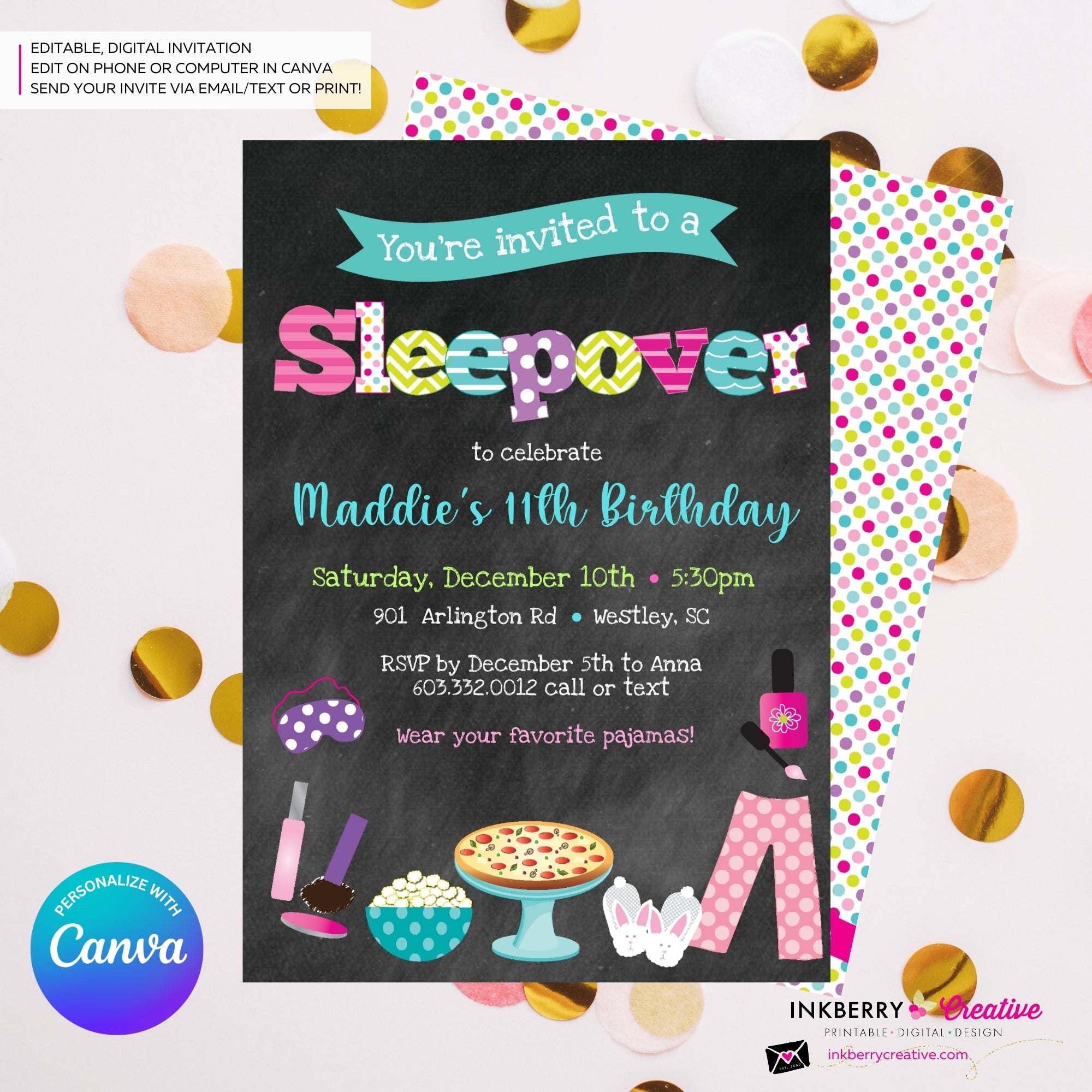 Sleepover Slumber Birthday Party Invitation (Chalkboard Style) - Kids Pizza Pajama Slumber Sleepover Birthday Party Invite - Printable, Instant Download, Edit in Canva