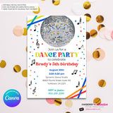 Neon Glow Dance Party Invitation (Boys White Multi) with Disco Ball - Printable, Instant Download, Edit in Canva