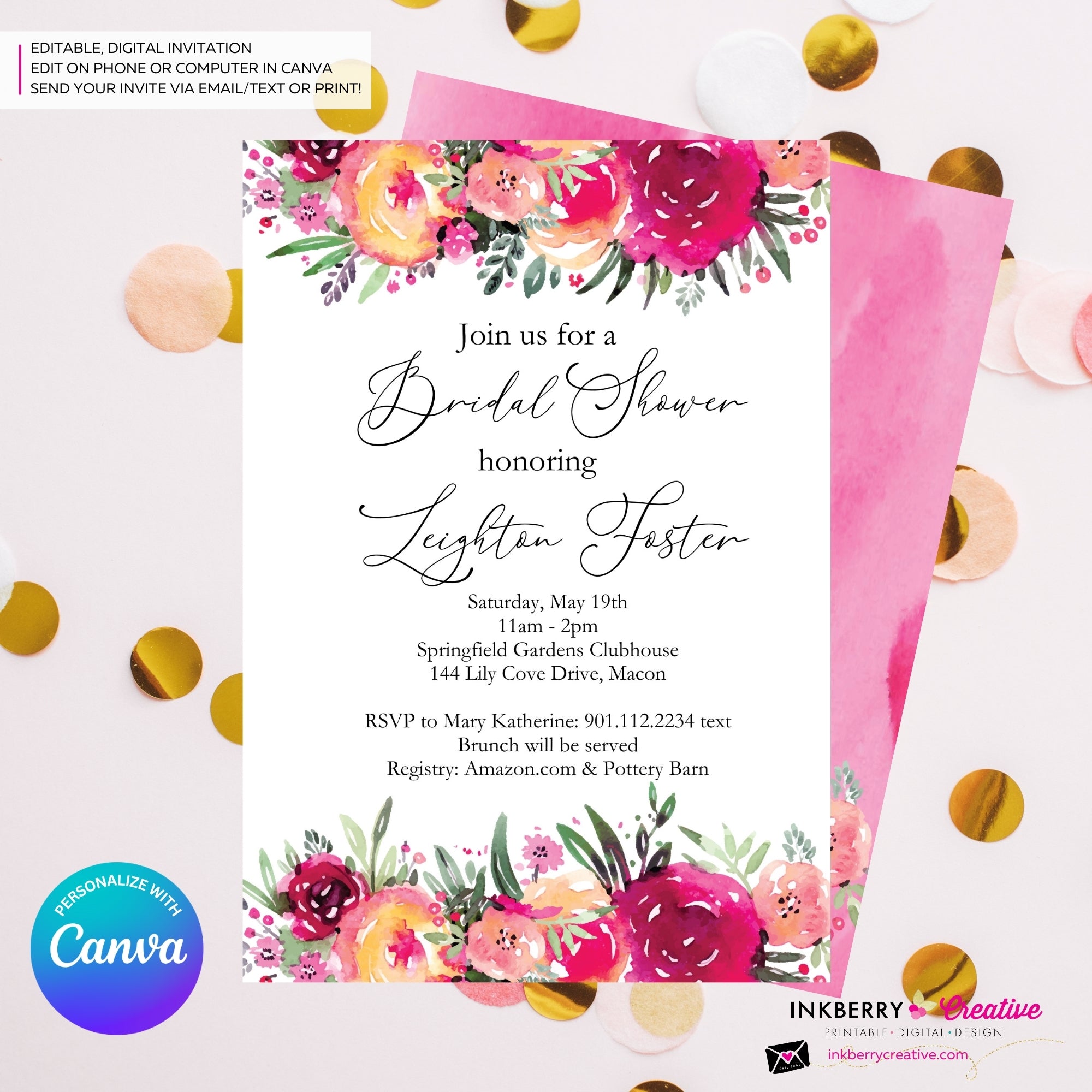 Bright Painted Floral Bridal Shower Invitation, Watercolor Flowers, Summer Spring Shower, Digital Invite, Personalize and Edit in Canva
