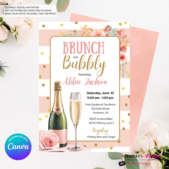 Brunch and Bubbly Pink, Gold, Striped, Confetti, Floral, Bridal Shower Brunch Invitation - Printable, Digital File, Edit in Canva