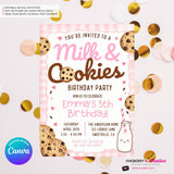Milk and Cookies Birthday Party Invitation - Girls Pink, Brown, First Birthday or Any Age, Instant Download, Personalize and Edit in Canva