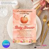 Sweet Little Pumpkin Watercolor Baby Shower Invitation - Printable, Digital File, Edit in Canva