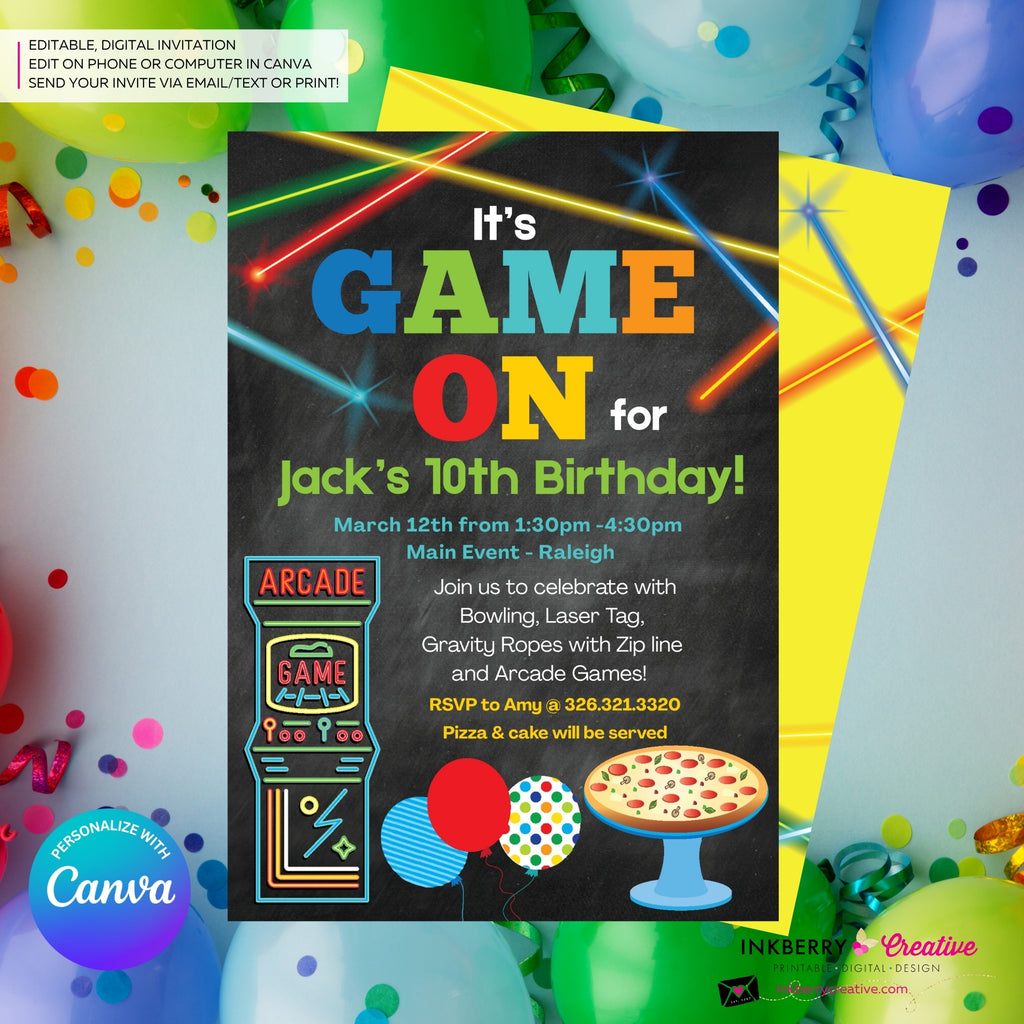 Game On - Arcade Games, Pizza Birthday Party Invitation - Chalkboard Boys Arcade Game Pizza Party - Printable, Digital File, Edit in Canva