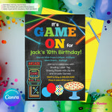 Game On - Arcade Games, Pizza Birthday Party Invitation - Chalkboard Boys Arcade Game Pizza Party - Printable, Digital File, Edit in Canva