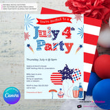 4th of July Patterns Party Invitation, July 4th Cookout Patriotic, Red White Blue Party Invite - Printable, Instant Download, Edit in Canva