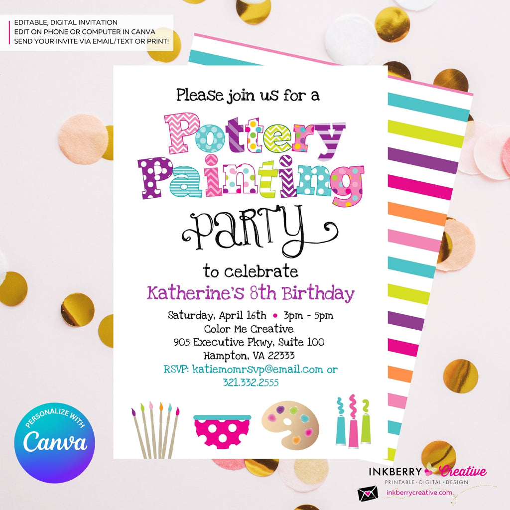Pottery Painting Party Invitation (White) - Kids Art / Pottery Painting Birthday Party Invite - Edit in Canva