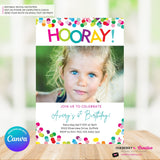 Hooray Confetti Girls Photo Birthday Party Invitation, Printable, Instant Download, Editable, Digital Invite, Edit in Canva