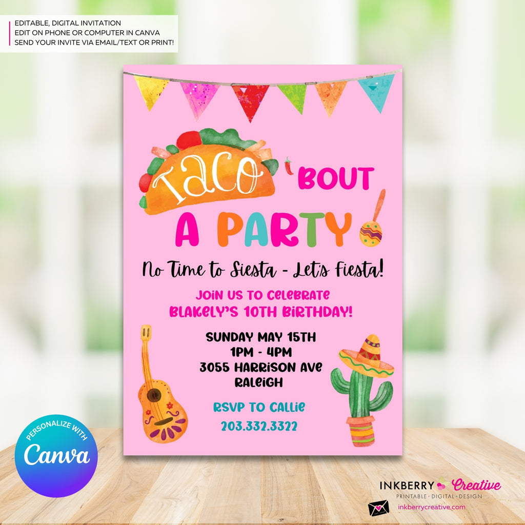 Taco Bout a Party Invitation (PINK) Mexican Fiesta, Canva Template (Digital Printable File)