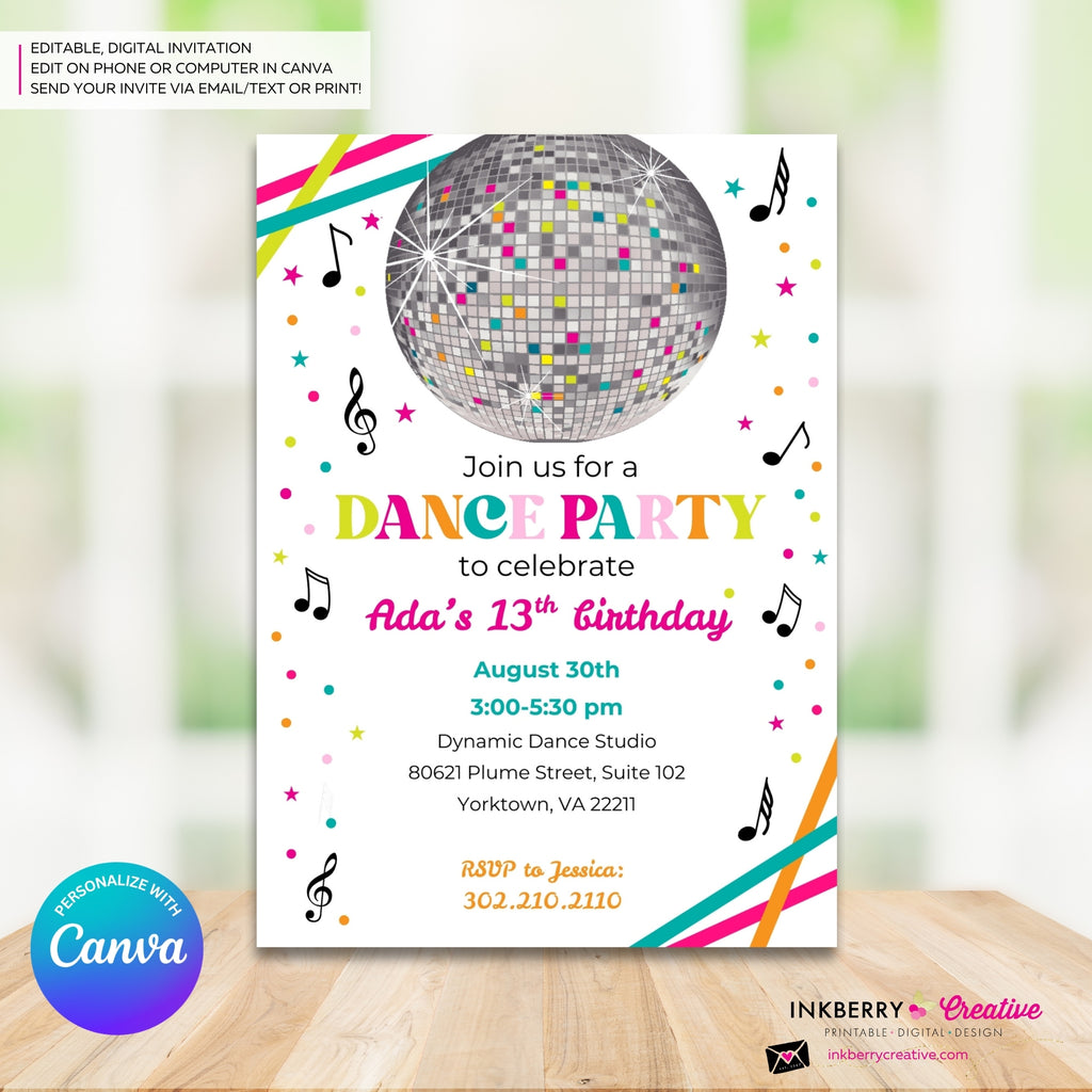 Neon Dance Party Invitation (White) with Disco Ball - Printable, Instant Download, Edit in Canva