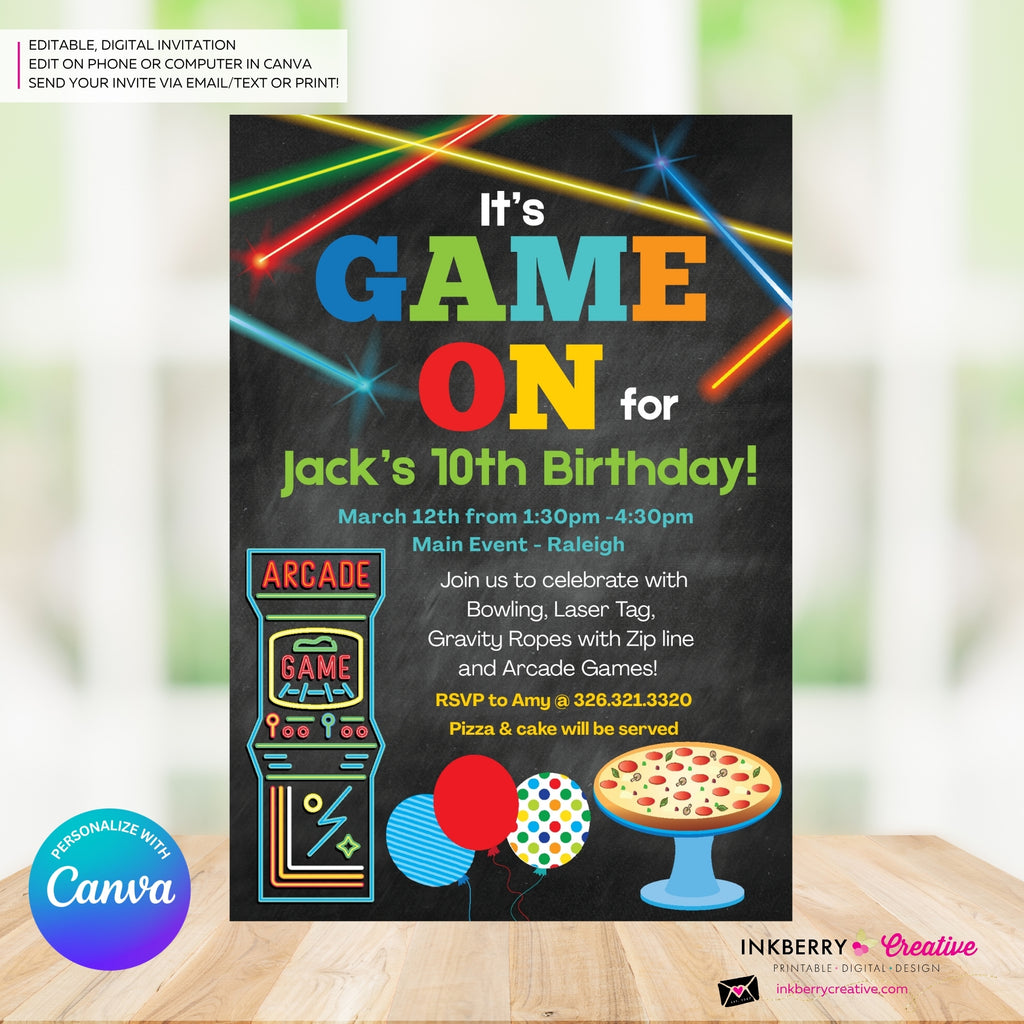 Game On - Arcade Games, Pizza Birthday Party Invitation - Chalkboard Boys Arcade Game Pizza Party - Printable, Digital File, Edit in Canva