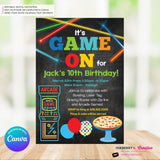 Game On - Arcade Games, Pizza Birthday Party Invitation - Chalkboard Boys Arcade Game Pizza Party - Printable, Digital File, Edit in Canva