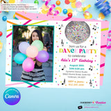 Neon Dance Party Birthday Party Photo Invitation, Digital, Printable File, Edit in Canva