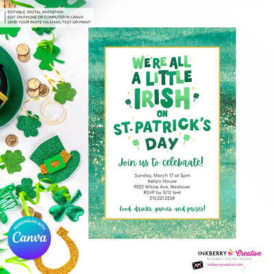 We're all a Little Irish St Patricks Day Party Invitation, St Paddy's Day Invite, Green Glitter - Printable, Instant Download, Edit in Canva