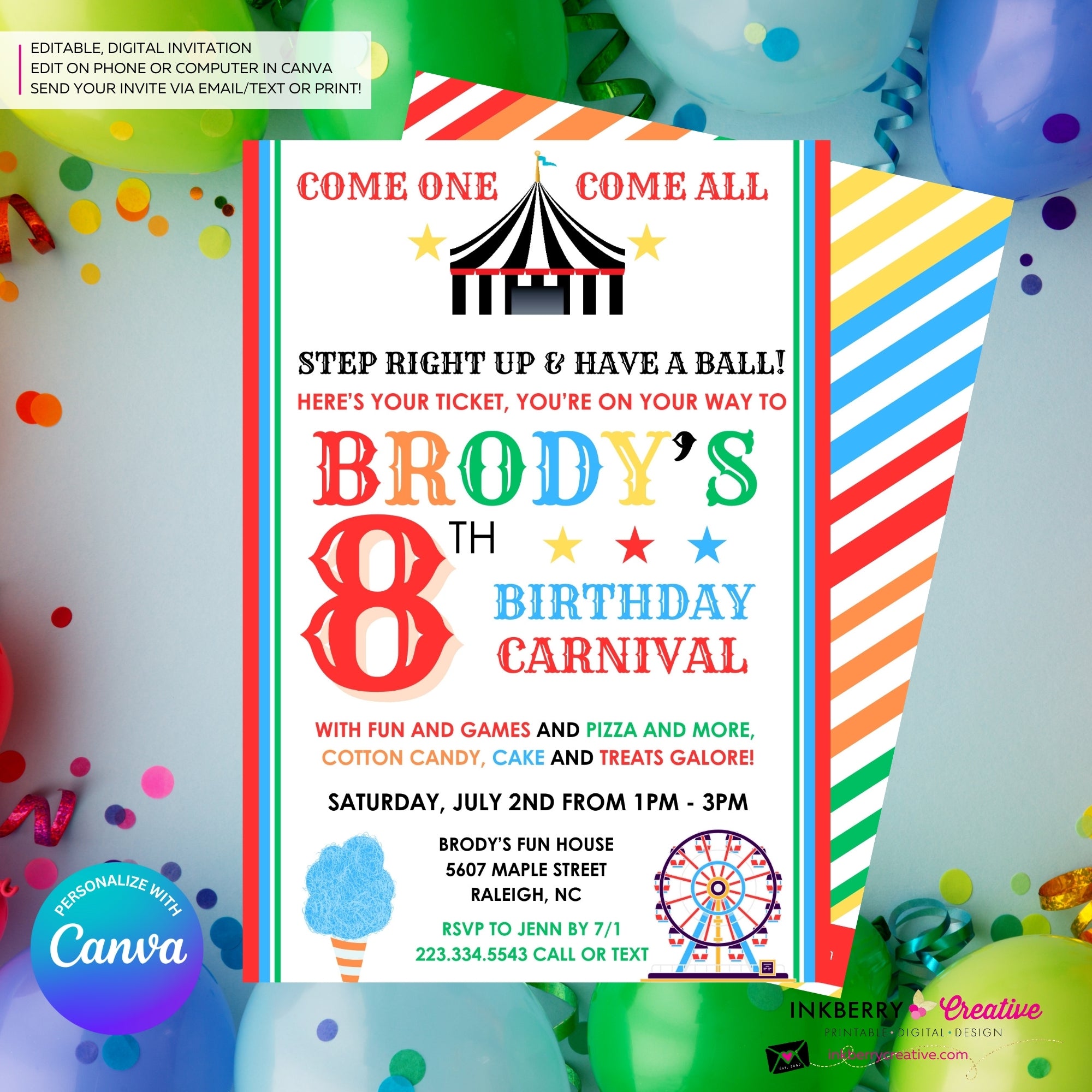 Carnival Birthday Party Invitation - Digital File, Personalize and Edit in Canva