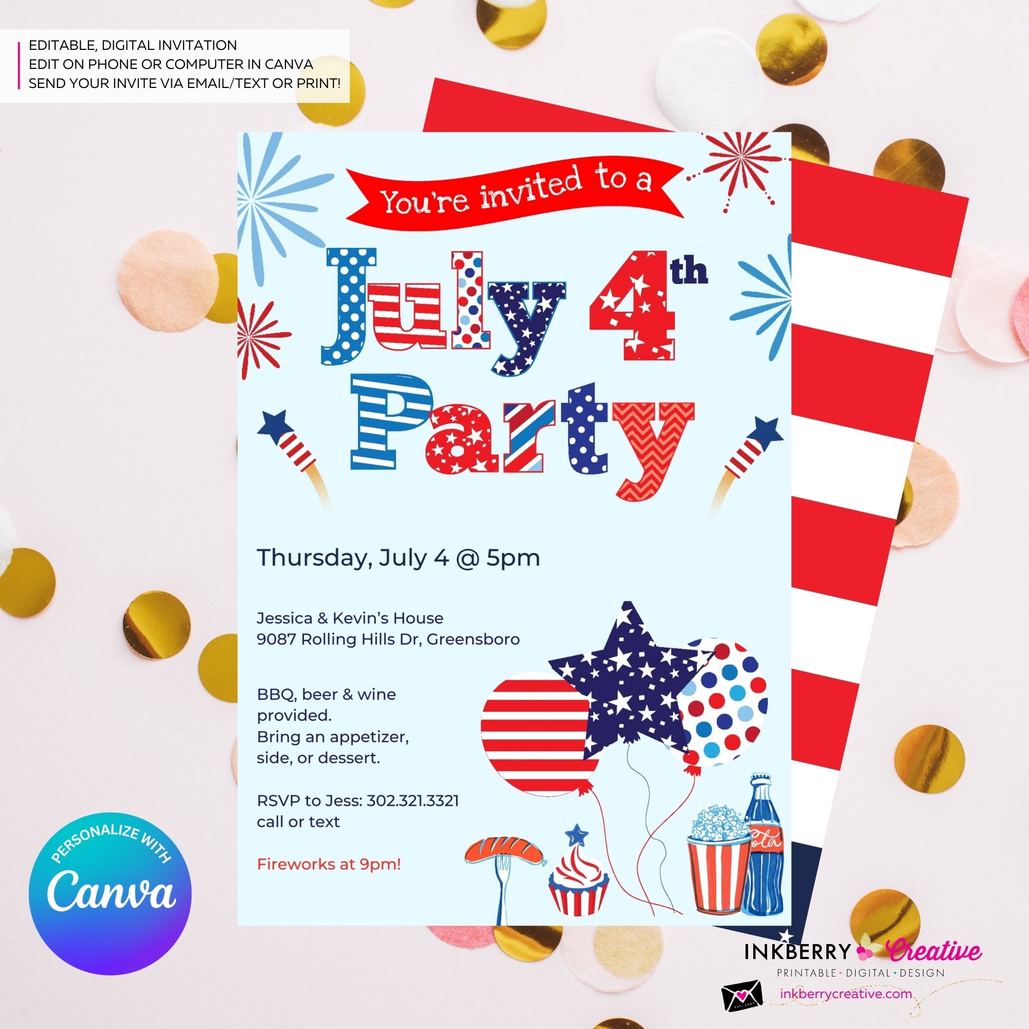4th of July Patterns Party Invitation, July 4th Cookout Patriotic, Red White Blue Party Invite - Printable, Instant Download, Edit in Canva