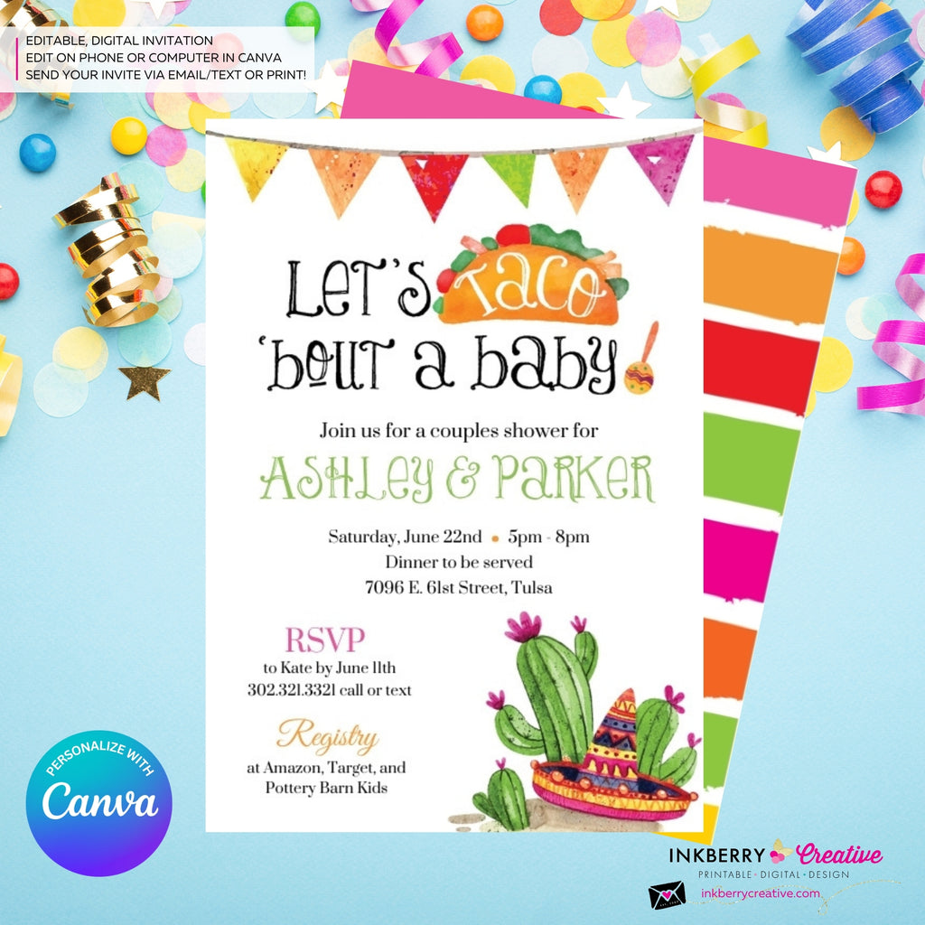 Taco Bout a Baby Shower Invitation, Chalkboard Style w/ Taco, Cactus, Sombrero, Mexican Fiesta Taco Baby Shower, Digital File, Edit in Canva