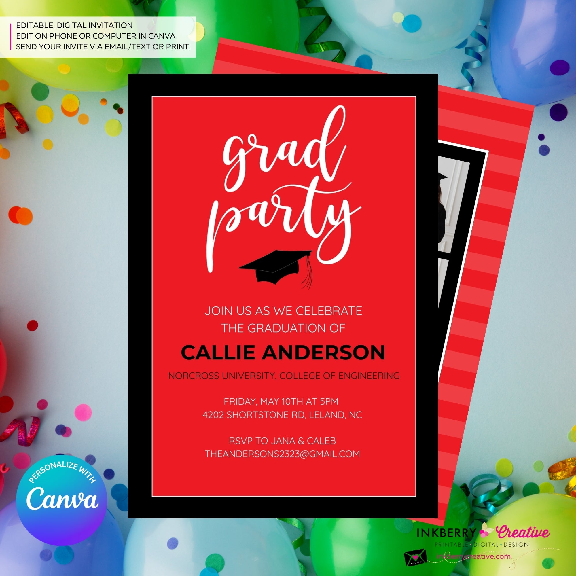 Grad Party Color Block Script - Custom Color Graduation Invitation or Announcement - Editable in Canva