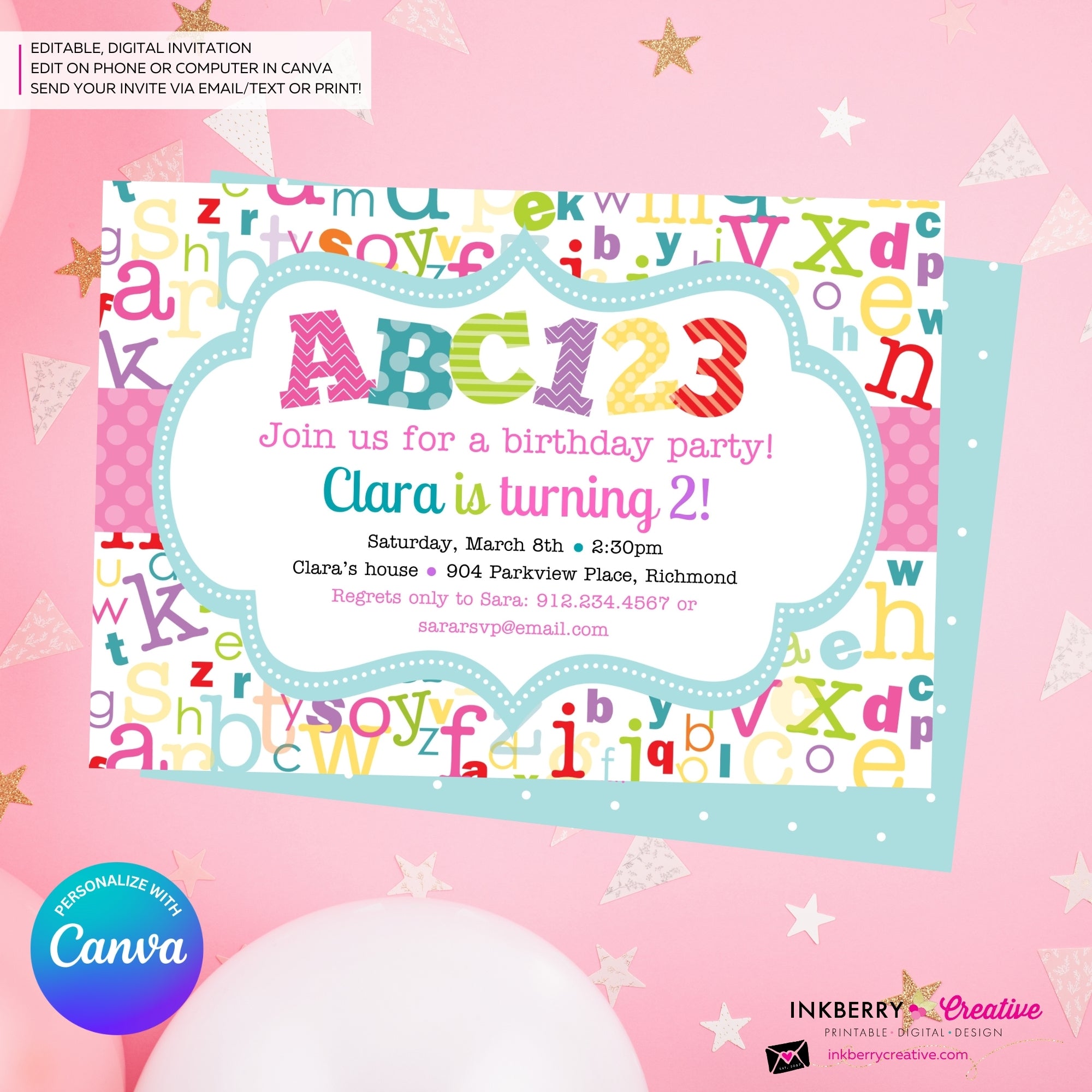 Alphabet Birthday Party Invitation Girls - Alphabet Theme Party Invite - Girl ABC Birthday Party - Personalize and Edit in Canva