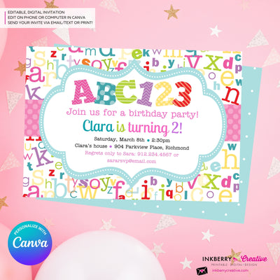 Alphabet Birthday Party Invitation Girls - Alphabet Theme Party Invite - Girl ABC Birthday Party - Personalize and Edit in Canva