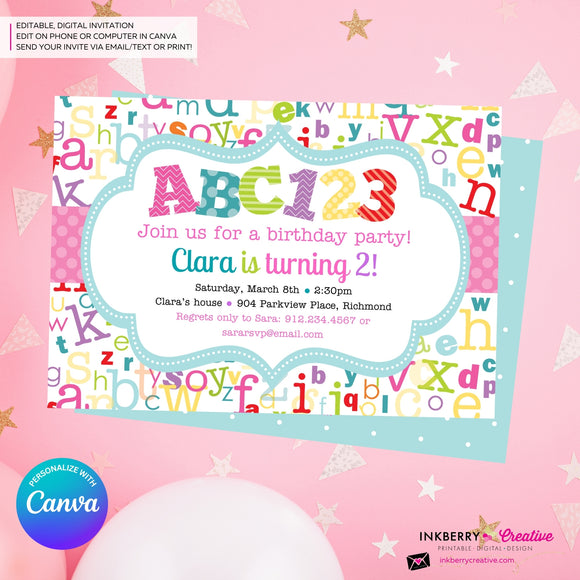 Alphabet Birthday Party Invitation Girls - Alphabet Theme Party Invite - Girl ABC Birthday Party - Personalize and Edit in Canva