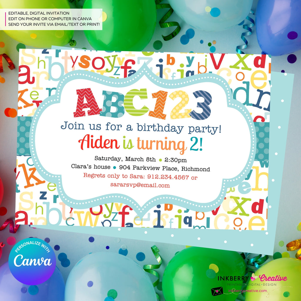 Alphabet Birthday Party Invitation - Printable, Instant Download, Editable, PDF
