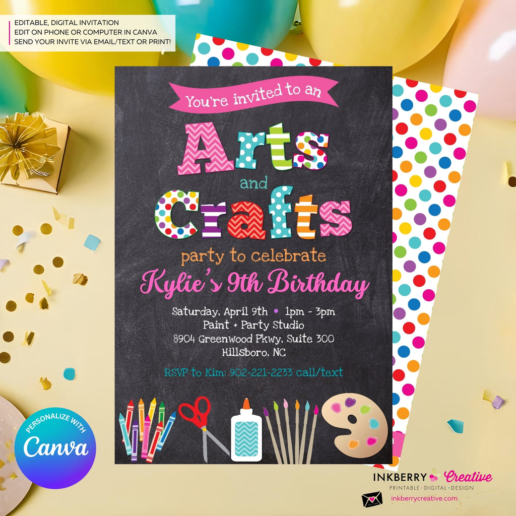 Arts and Crafts Birthday Party Invitation, Chalkboard Style, Kids Arts Crafts Painting Party - Printable, Instant Download, Edit in Canva