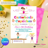 Gymnastics Party Invitation (White) - Cartwheels and Cupcakes Gymnastics Birthday Party Invite - Printable, Instant Download, Edit in Canva