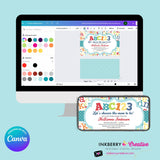 Alphabet Baby Shower Invitation, Alphabet Baby Shower Invite, ABC Baby Shower, ABC123, Printable, Digital, Instant Download, Edit in Canva