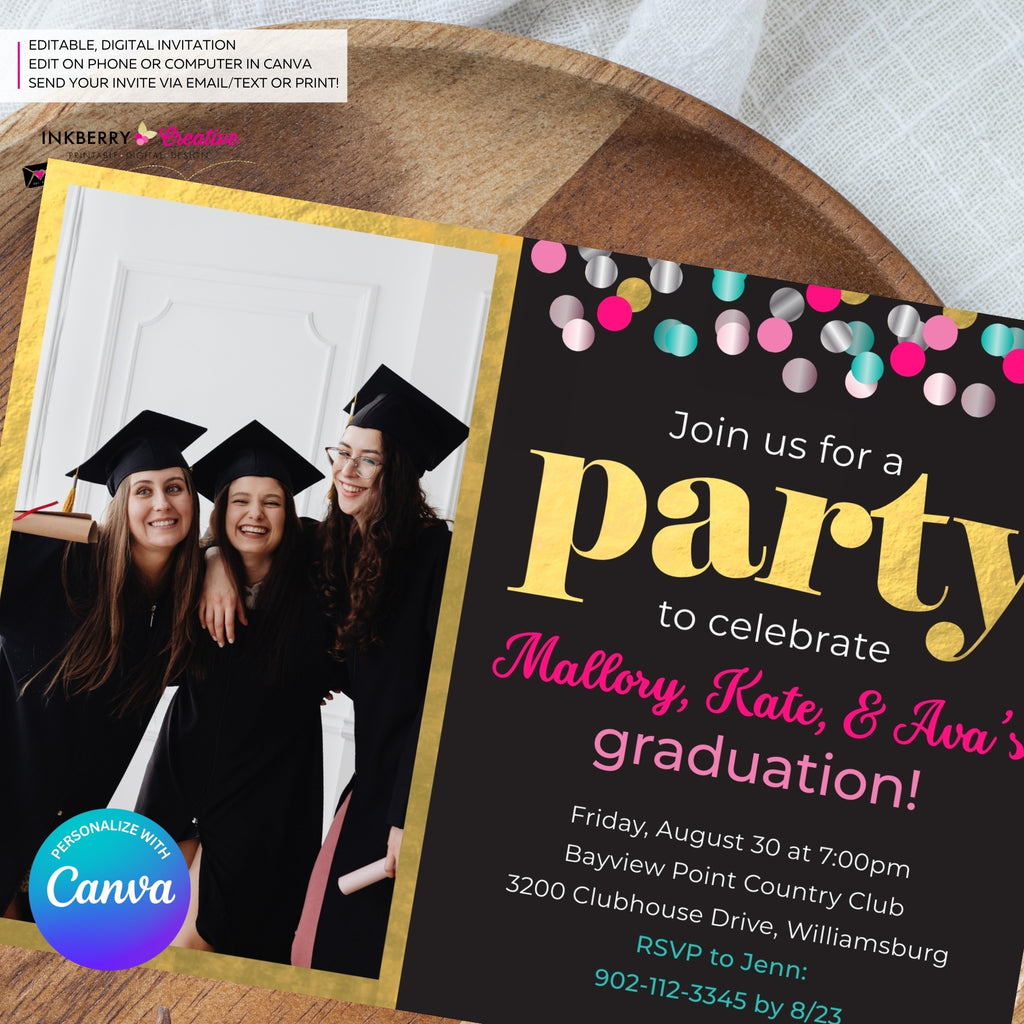 Graduation Confetti Pop Photo Invitation or Announcement, Edit in Canva