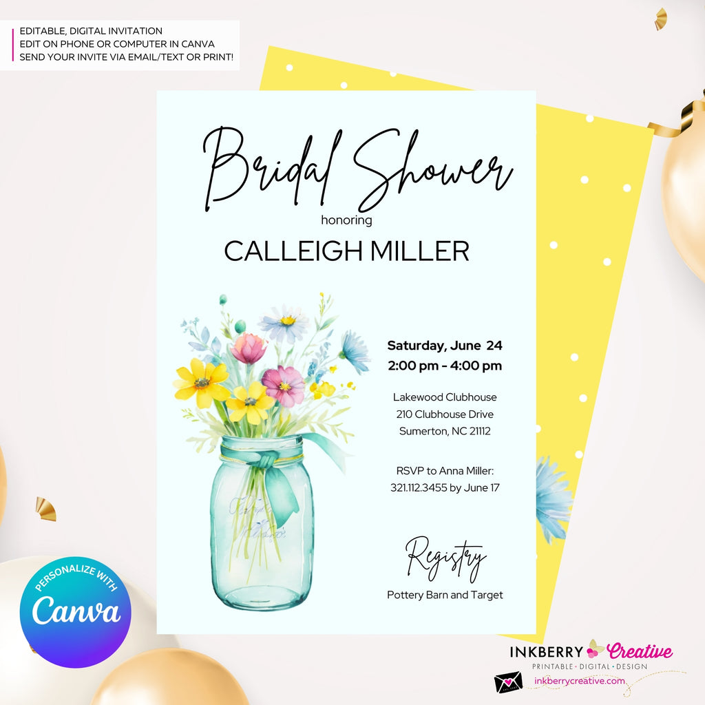 Wild Flower Mason Jar Bridal Shower Invitation, Colorful Wildflowers Floral Summer Spring Shower Invite, Digital, Edit in Canva
