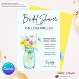 Wild Flower Mason Jar Bridal Shower Invitation, Colorful Wildflowers Floral Summer Spring Shower Invite, Digital, Edit in Canva