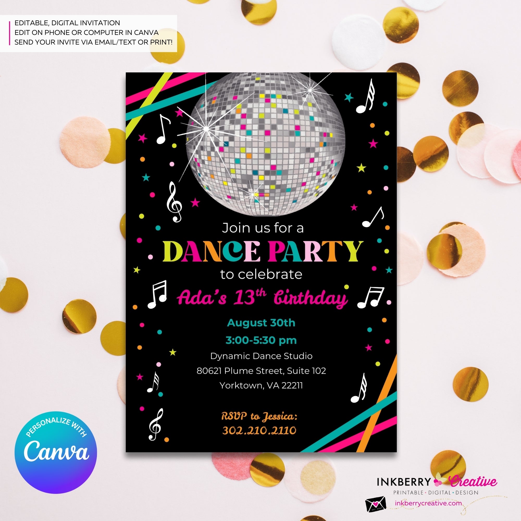Neon Glow Dance Party Invitation (Black) with Disco Ball - Printable, Instant Download, Edit in Canva