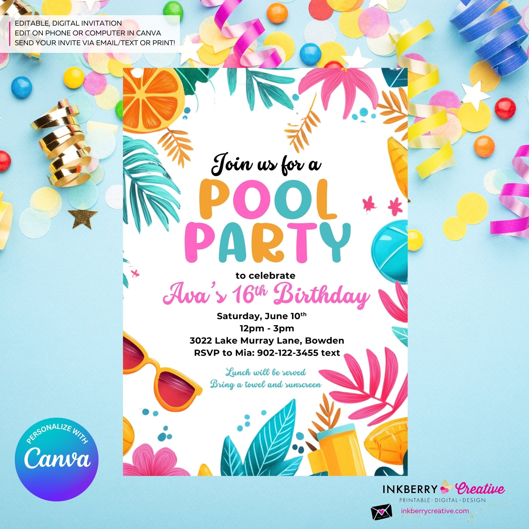 Citrus Summer Pool Party Invitation - Summer Pool Party - Personalize and Edit in Canva