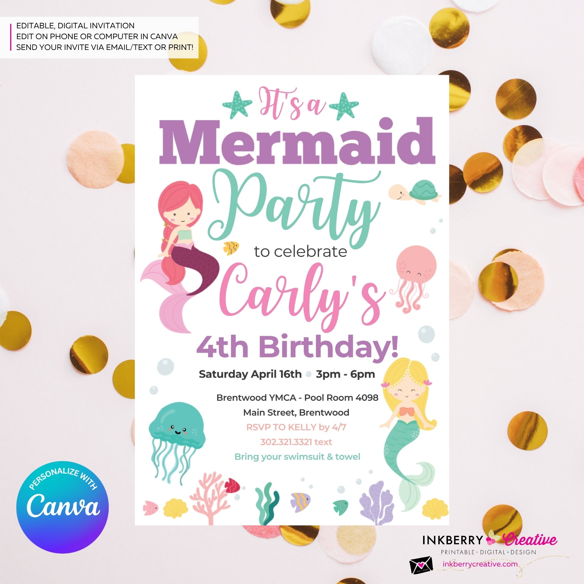 Mermaid Birthday Party Invitation, Under the Sea, Ocean, Beach, Jelly Fish, Star Fish, Shells - Printable Instant Download, Edit in Canva