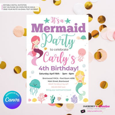 Mermaid Birthday Party Invitation, Under the Sea, Ocean, Beach, Jelly Fish, Star Fish, Shells - Printable Instant Download, Edit in Canva