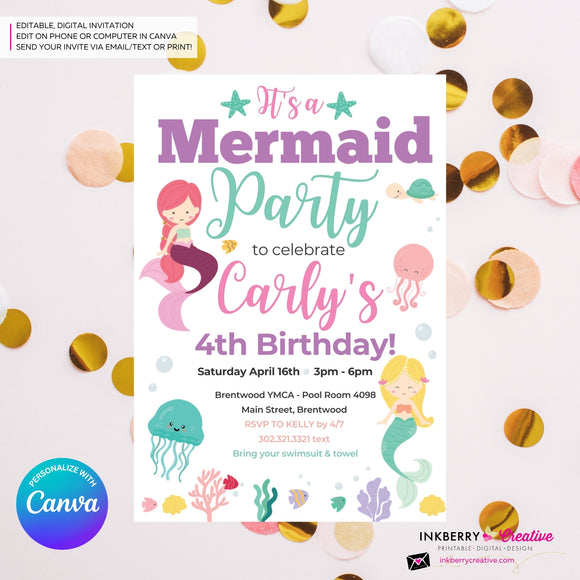 Mermaid Birthday Party Invitation, Under the Sea, Ocean, Beach, Jelly Fish, Star Fish, Shells - Printable Instant Download, Edit in Canva