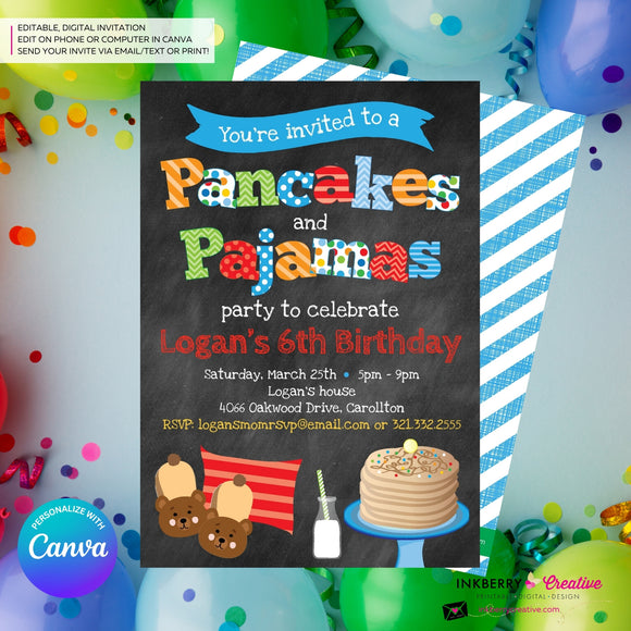 Pancakes and Pajamas Party Invitation - Boys - (Chalkboard Style) - Boys Pancakes Pajama Birthday Party Invite - Printable, Instant Download, Edit in Canva
