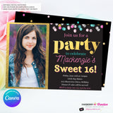 Confetti Pop Photo Party Invitation - Any Age, Any Occasion, Gold, Aqua, Pink Confetti, Birthday Photo invite, Sweet 16, Edit in Canva